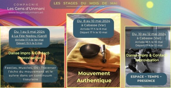 2 stages de danse impro et 1 stage de Mouvement Authentique en mai !